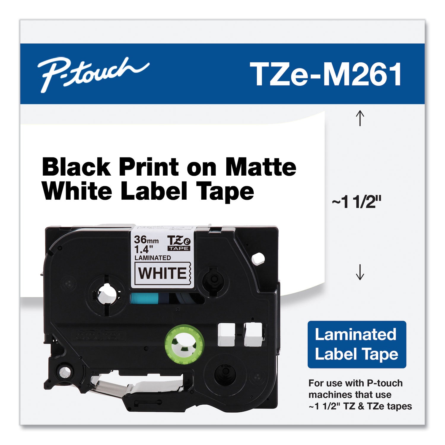 Brother TZe Standard Adhesive Laminated Labeling Tape, 1.4" x 26.2 ft, Black on Matte White (TZEM261)