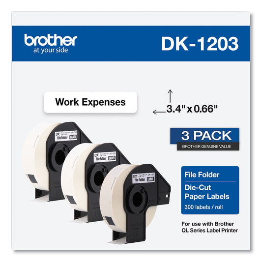 Brother Die-Cut File Folder Labels, 0.66 x 3.4, White, 300 Labels/Roll, 3 Rolls/Pack (DK12033PK)