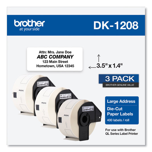 Brother Die-Cut Address Labels, 1.4 x 3.5, White, 400 Labels/Roll, 3 Rolls/Pack (DK12083PK)