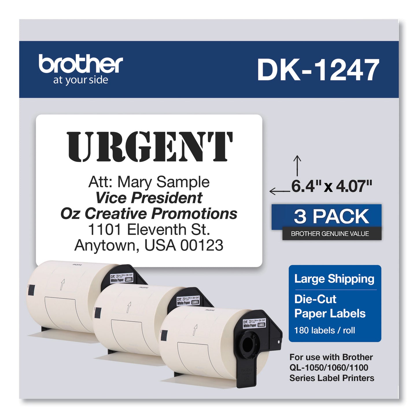 Brother Die-Cut Shipping Labels, 4.07 x 6.4, White, 180 Labels/Roll, 3 Rolls/Pack (DK12473PK)