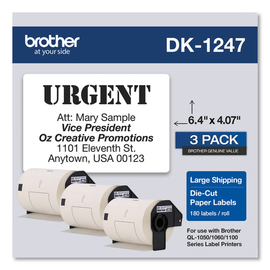 Brother Die-Cut Shipping Labels, 4.07 x 6.4, White, 180 Labels/Roll, 3 Rolls/Pack (DK12473PK)