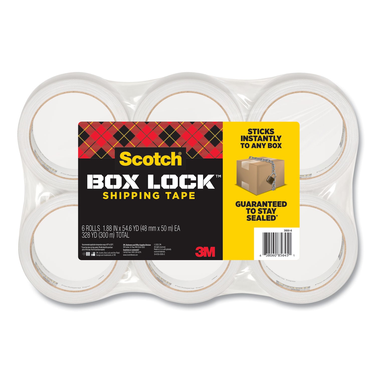 Scotch Box Lock Shipping Packaging Tape, 3" Core, 1.88" x 54.6 yds, Clear, 6/Pack (39506)