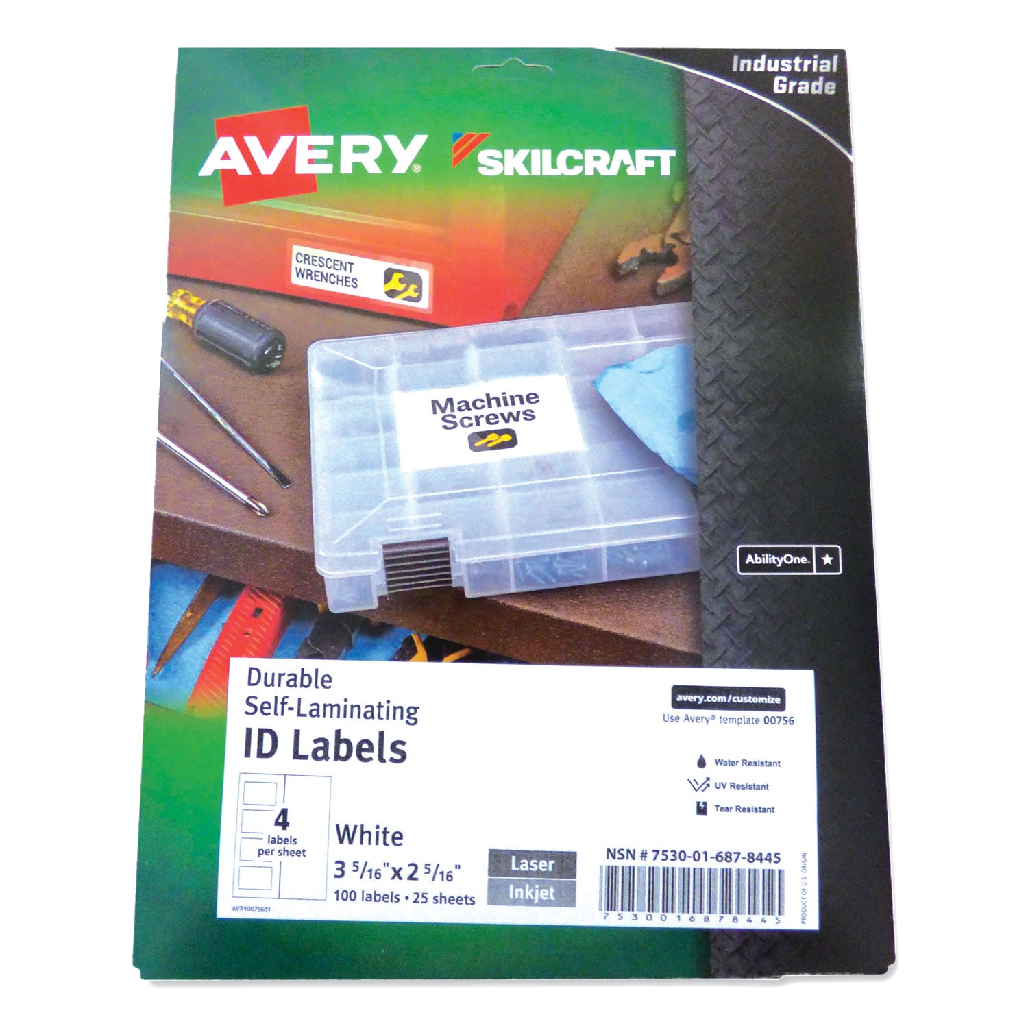 AbilityOne 7530016878445, SKILCRAFT AVERY Durable Self-Laminating ID Labels, 2.31 x 3.31, White, 4/Sheets, 25 Sheets/Pack