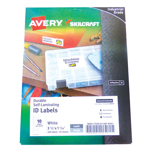 AbilityOne 7530016878443, SKILCRAFT AVERY Durable Self-Laminating ID Labels, 1.03 x 3.5, White, 10/Sheet, 25 Sheets/Pack