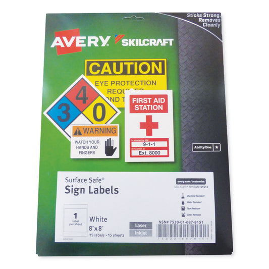 AbilityOne 7530016878151, SKILCRAFT AVERY Surface Safe Sign Labels, 8 x 8, White, 1/Sheet, 15 Sheets/Box, 12 Boxes/Box