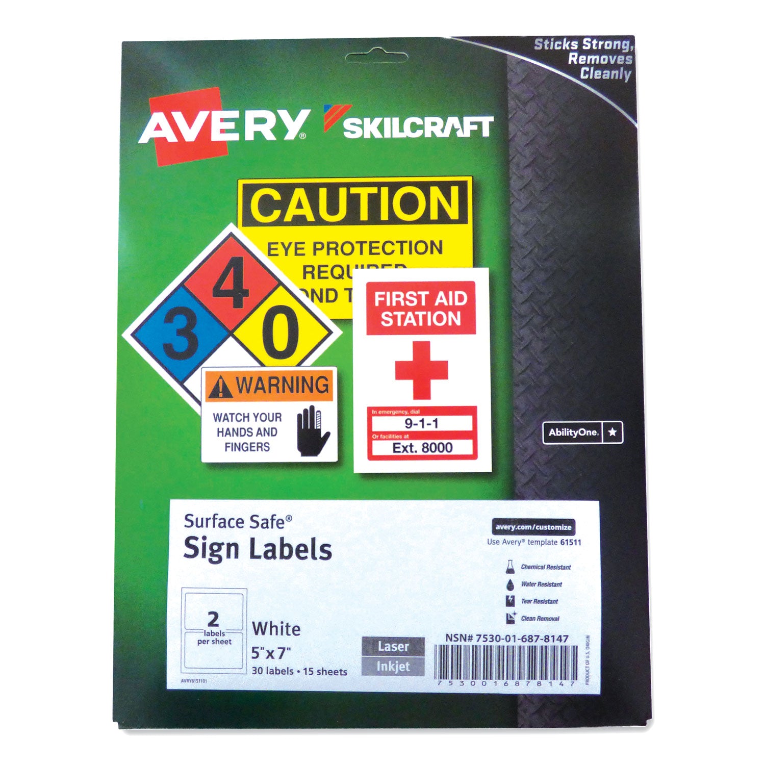 AbilityOne 7530016878147, SKILCRAFT AVERY Surface Safe Sign Labels, 5 x 7, White, 2/Sheet, 15 Sheets/Box, 12 Boxes/Box