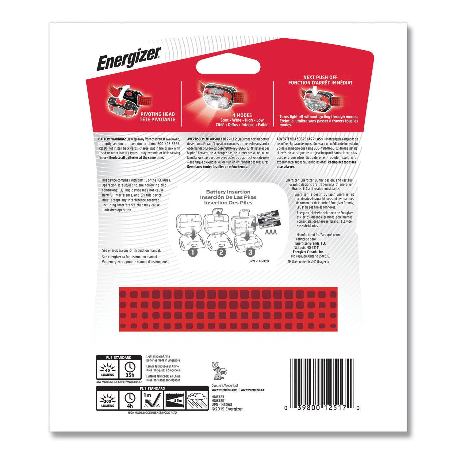 Energizer LED Headlight, 3 AAA Batteries (Included), Red (HDB32E)