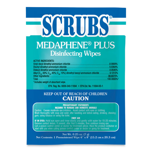 SCRUBS MEDAPHENE Plus Disinfectant Wet Wipes, 1-Ply, 6 x 8, Citrus, White, Individual Foil Packets, 100/Carton (96301)