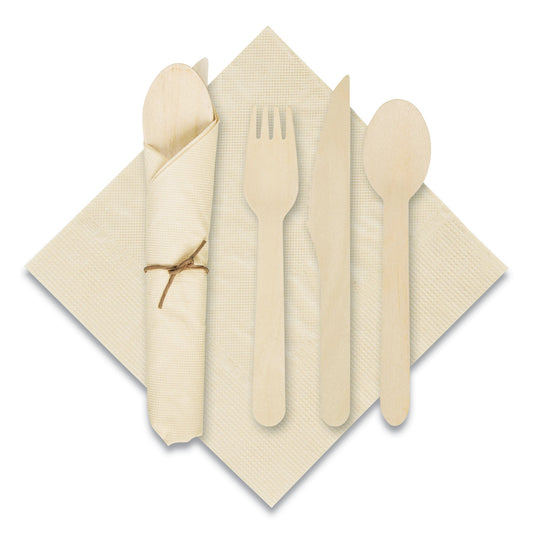 Hoffmaster Pre-Rolled Caterwrap Kraft Napkins with Wood Cutlery, 6 x 12 Napkin