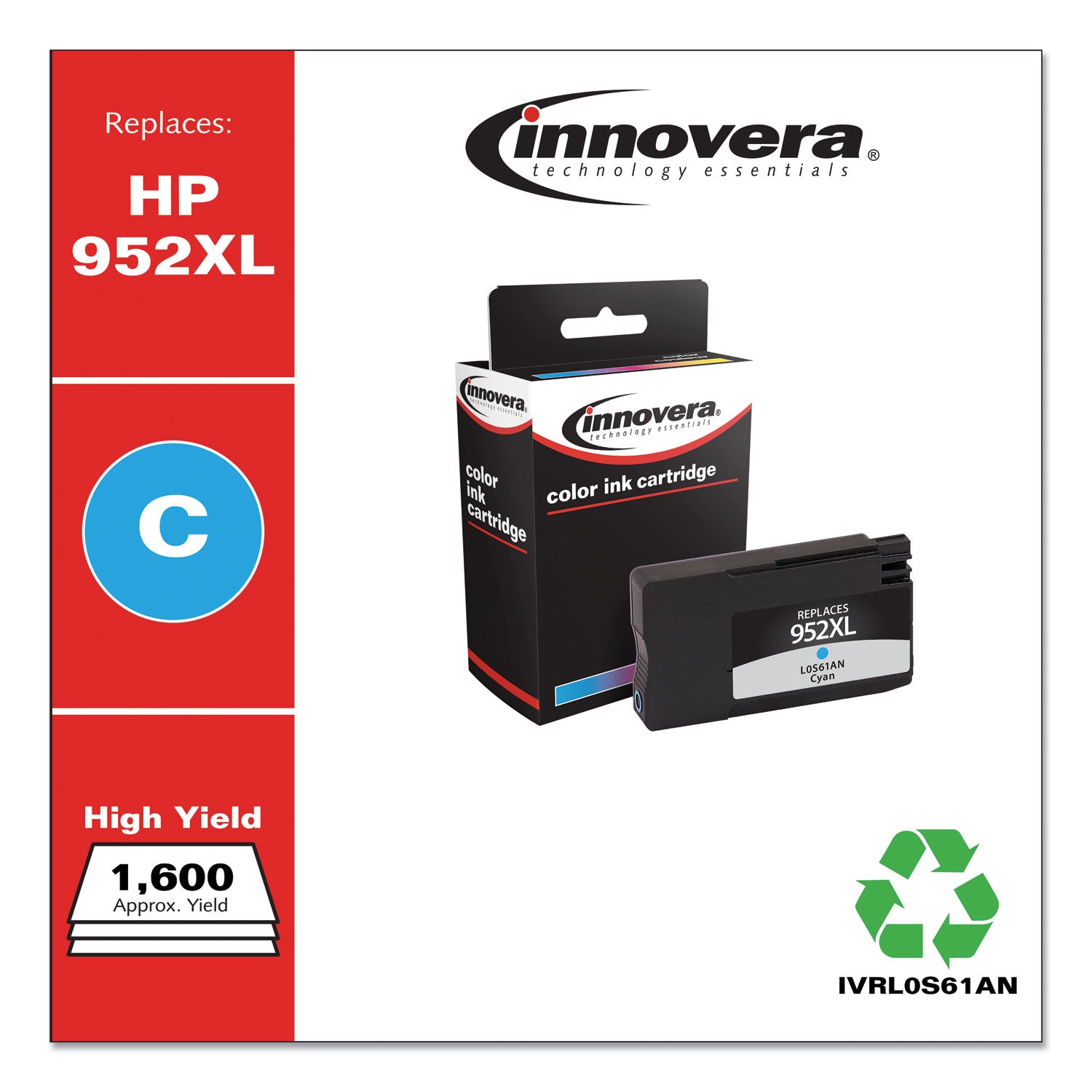 Innovera Remanufactured Cyan High-Yield Ink, Replacement for 952XL (L0S61AN), 1,600 Page-Yield