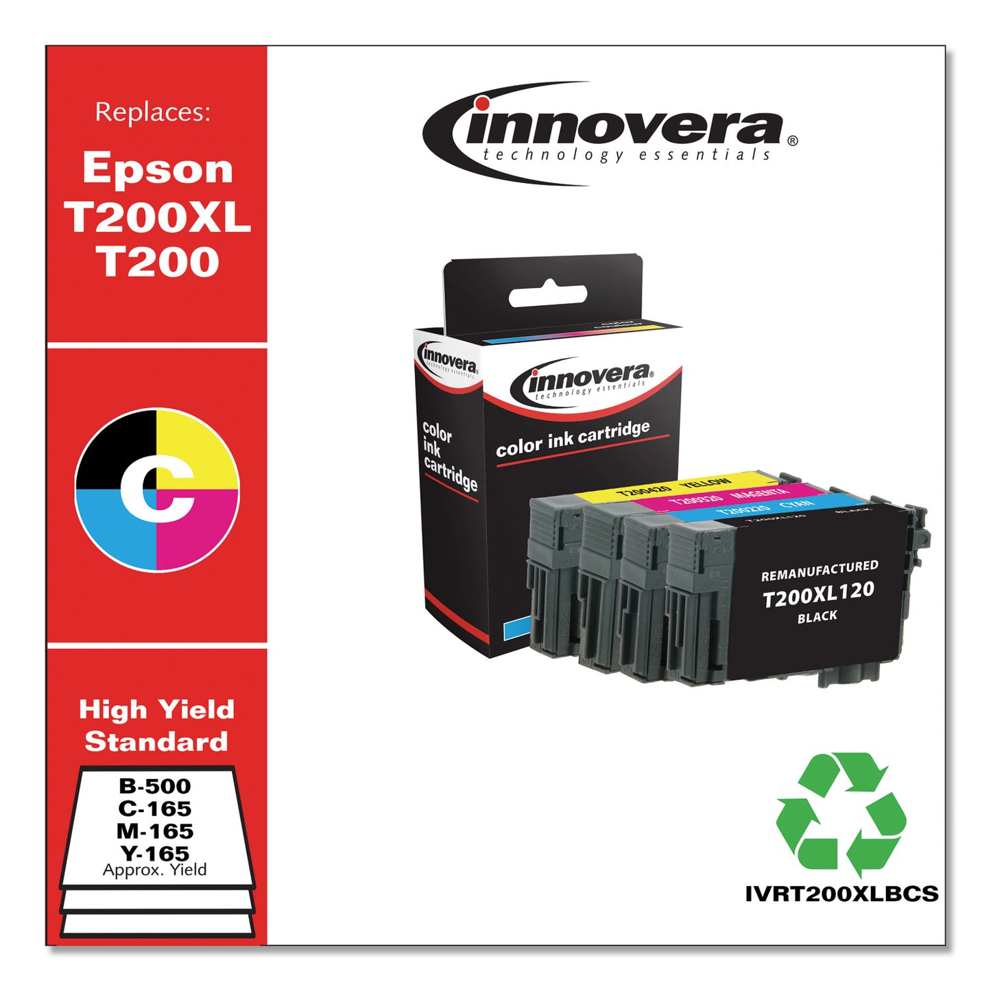 Innovera Remanufactured Black/Cyan/Magenta/Yellow Ink, Replacement f/T200XL/T200 (T200XL-BCS),500/165 Page-Yield