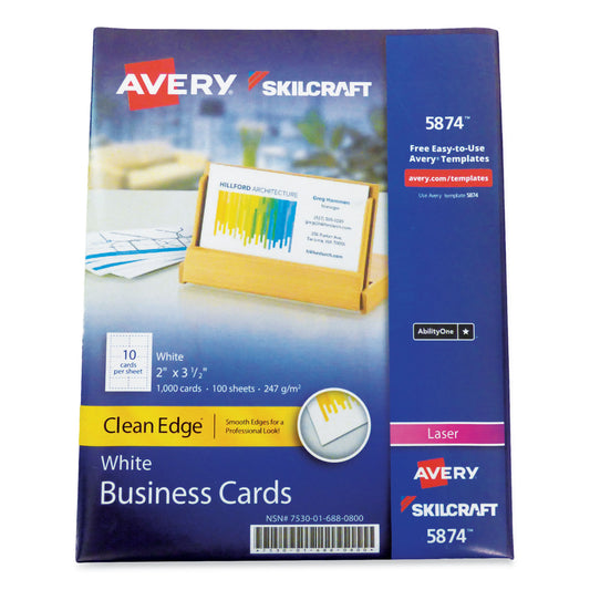 AbilityOne 7530016880800, SKILCRAFT AVERY Clean Edge Business Cards, Laser, 3.5 x 2, White, 1,000 Cards, 10 Cards/Sheet, 100 Sheets/Box