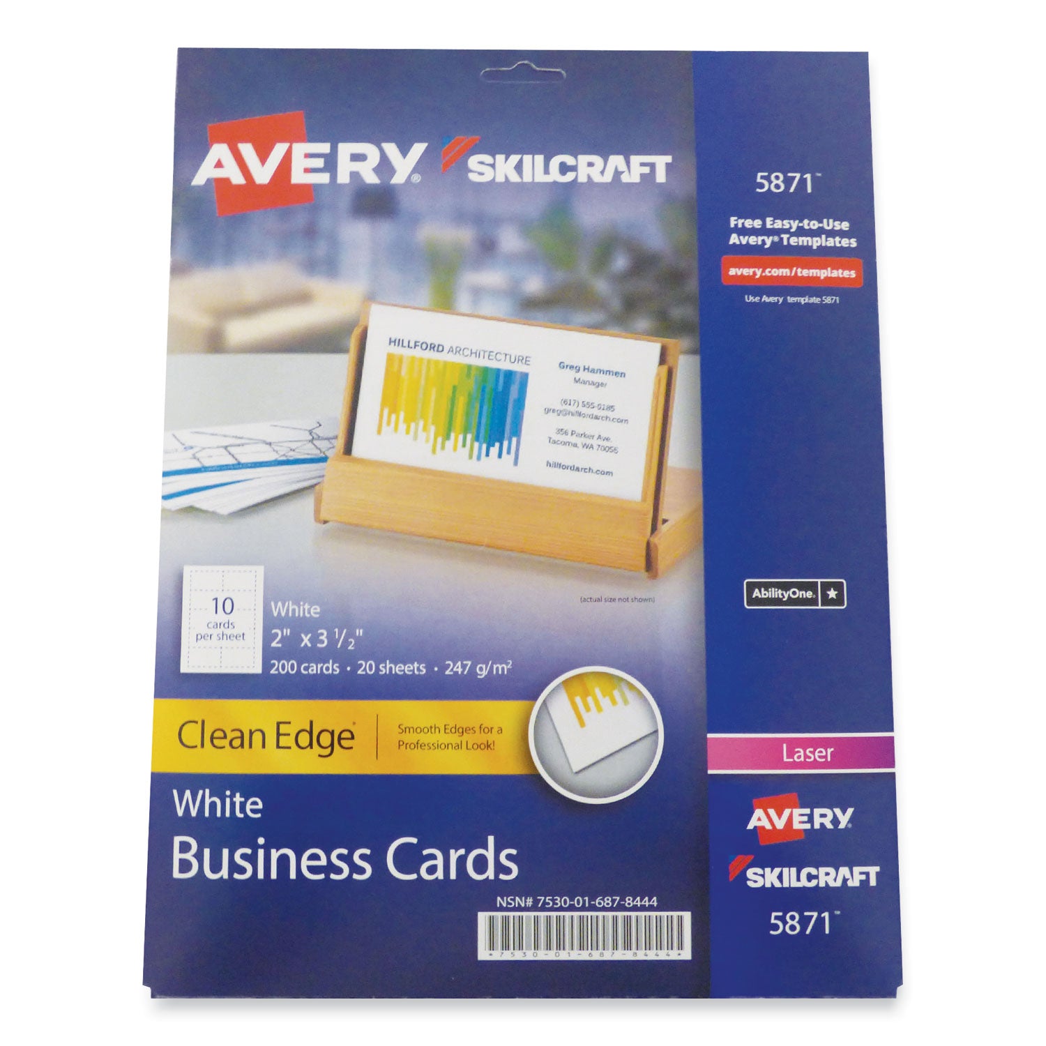 AbilityOne 7530016878444, SKILCRAFT AVERY Clean Edge Business Cards, Laser, 3.5 x 2, White, 200 Cards, 10 Cards/Sheet, 20 Sheets/Pack