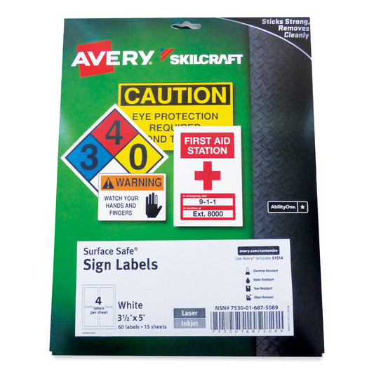 AbilityOne 7530016875089, SKILCRAFT AVERY Surface Safe Sign Labels, 3.5 x 5, White, 4/Sheet, 15 Sheets/Box, 12 Boxes/Carton