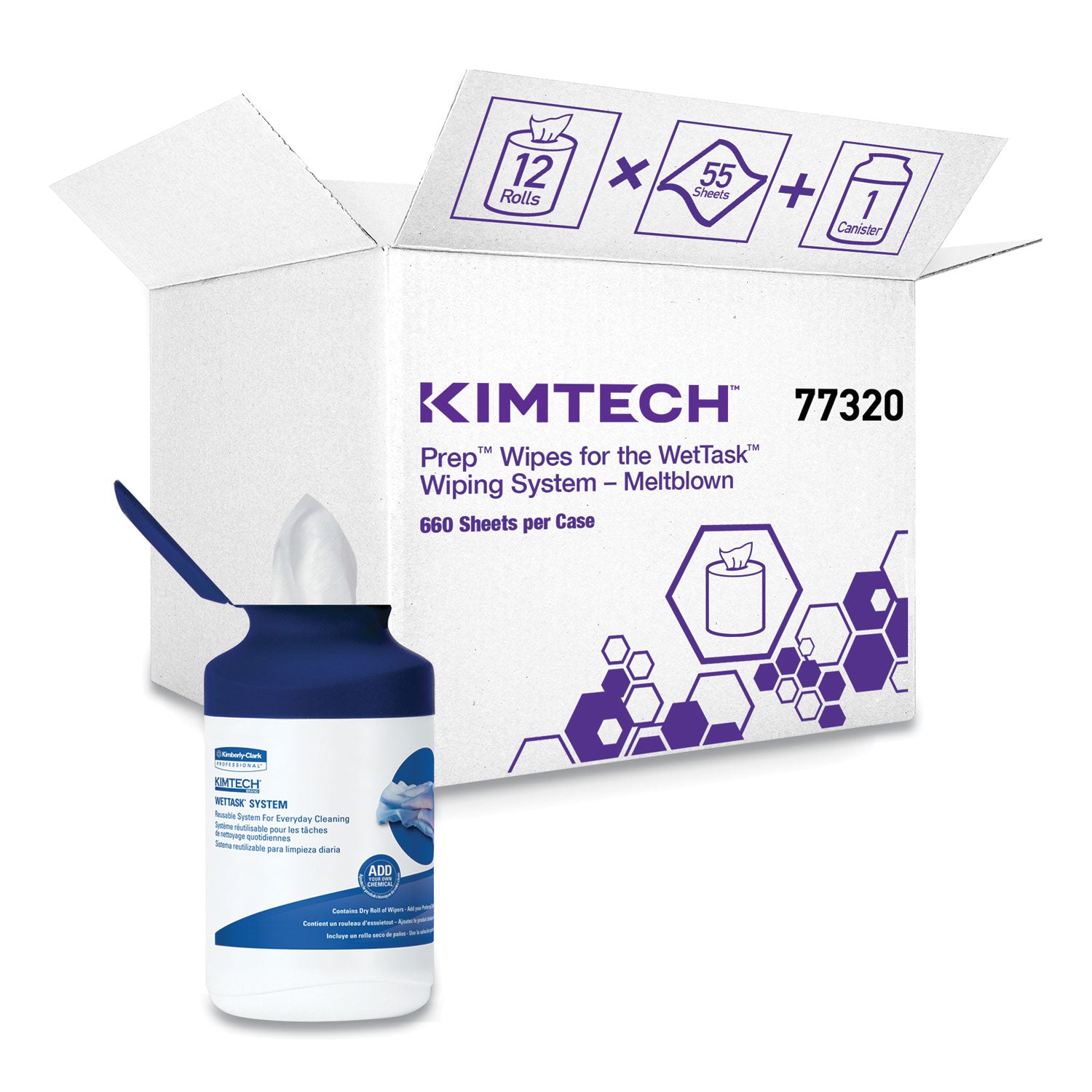 Kimtech WetTask System Prep Wipers for Bleach/Disinfectants/Sanitizers Hygienic Enclosed System Refills, w/Canister, 55/Rl,12 Roll/Ct (7732005)