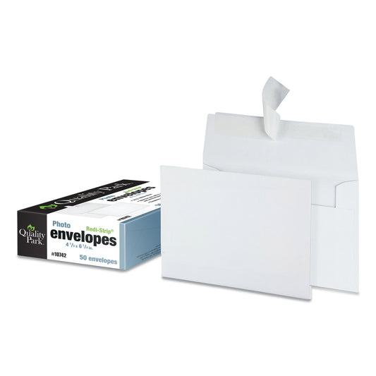Quality Park Greeting Card/Invitation Envelope, A-4, Square Flap, Redi-Strip Adhesive Closure, 4.5 x 6.25, White, 50/Box (10742)