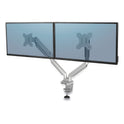 Fellowes Platinum Series Dual Monitor Arm, For 27" Monitors, 360 deg Rotation, 45 deg Tilt, 180 deg Pan, Silver, Supports 20 lb (8056501)