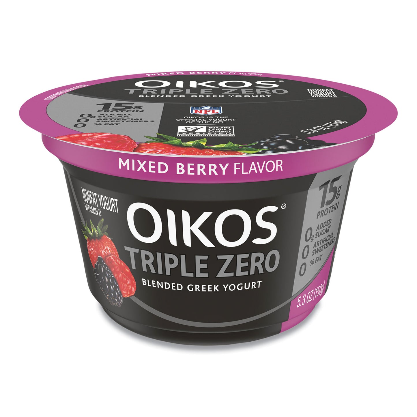 OIKOS Triple Zero Blended Greek Nonfat Yogurt, 5.3 oz, Strawberry/Mixed Berry/Vanilla, 18/Carton (90200027)