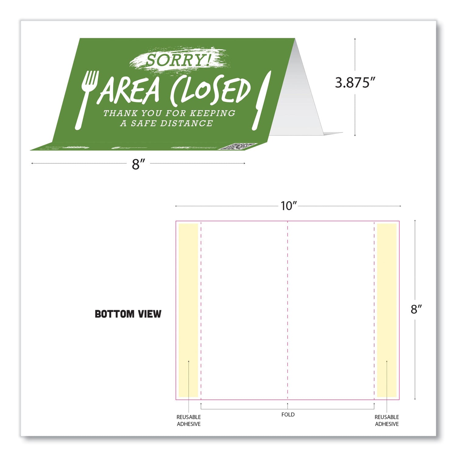 Tabbies BeSafe Messaging Table Top Tent Card, 8 x 3.87, Sorry! Area Closed Thank You For Keeping A Safe Distance, Green, 10/Pack (79062)