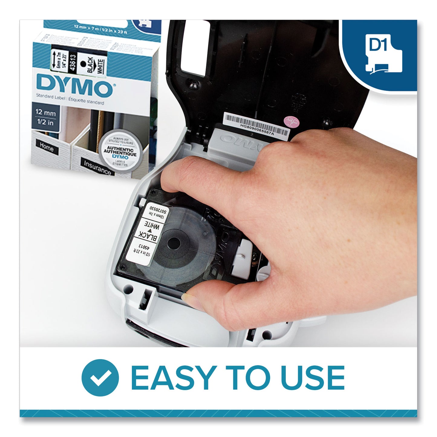 DYMO D1 Standard Labels, 0.5" x 23 ft, Black Print on White Tape, 4/Pack (2150471)