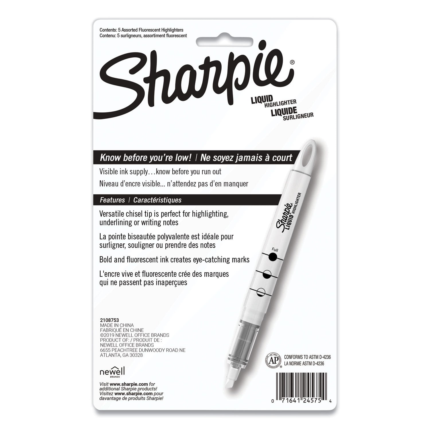 Sharpie Liquid Pen Style Highlighters, Assorted Ink Colors, Chisel Tip, Assorted Barrel Colors, 5/Set (24575PP)