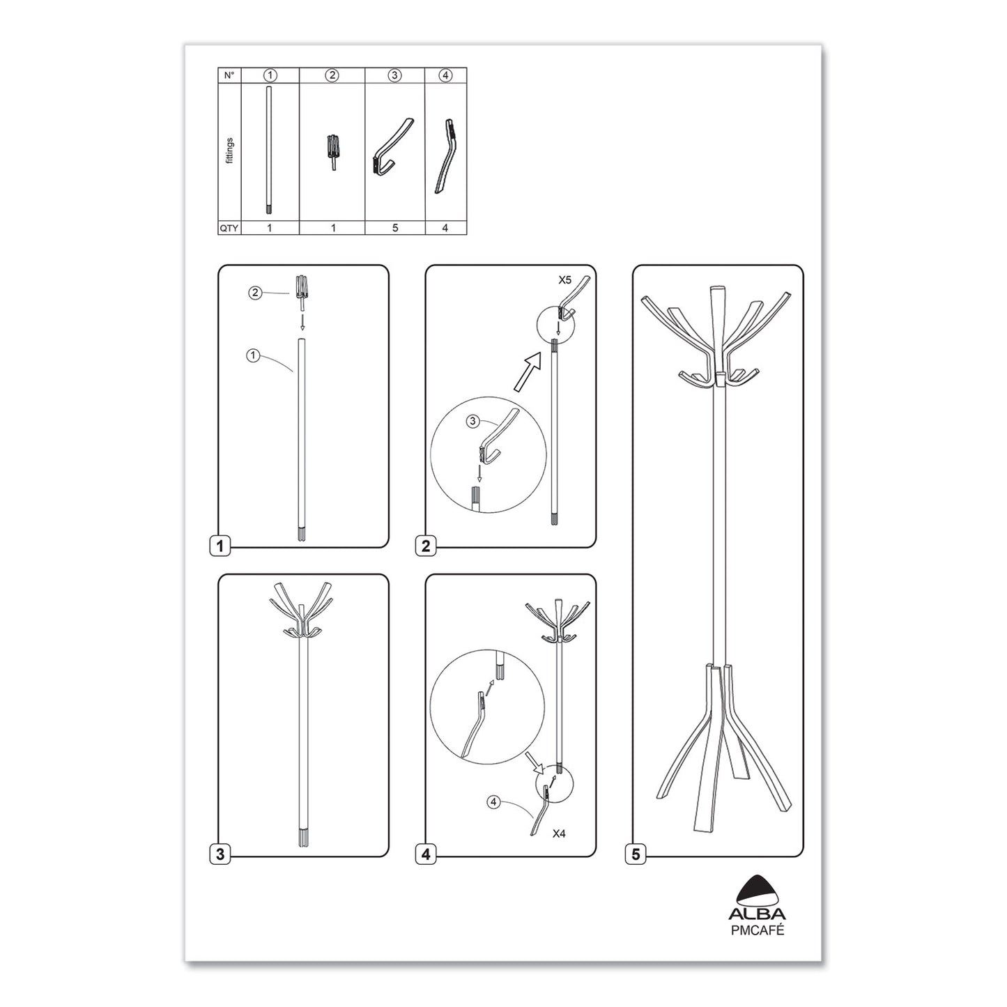 Alba Cafe Wood Coat Stand, Ten Peg/Five Hook, 21.67w x 21.67d x 69.33h, Espresso Brown (PMCAFE)