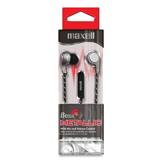 Maxell Bass 13 Metallic Earbuds with Microphone, 4 ft Cord, Silver (199600)