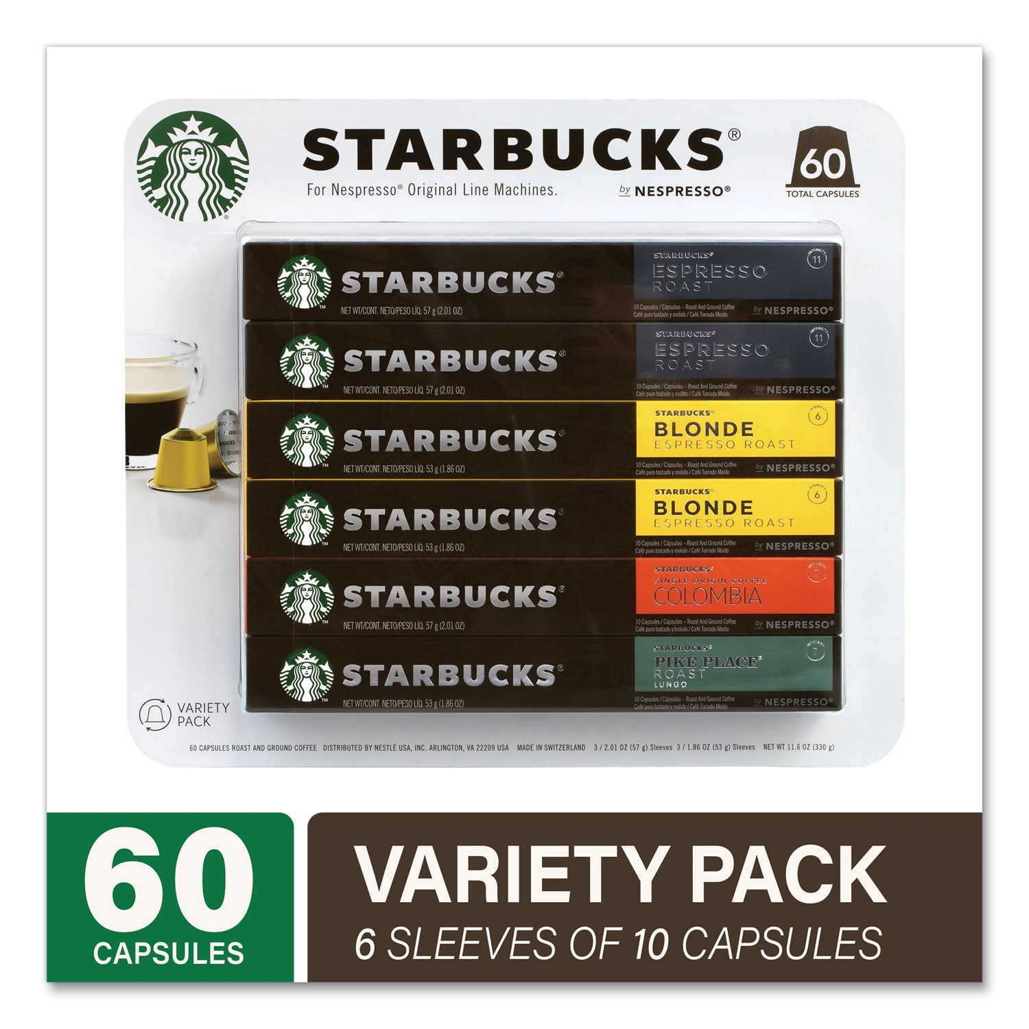 Starbucks By NESPRESSO Pods Variety Pack, Blonde Espresso/Colombia/Espresso/Pikes Place, 60 Pods/Pack (22001153)