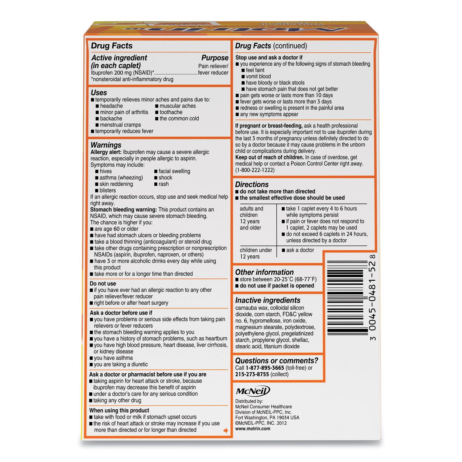 Motrin IB Ibuprofen Tablets, Two-Pack, 50 Packs/Box (48152)