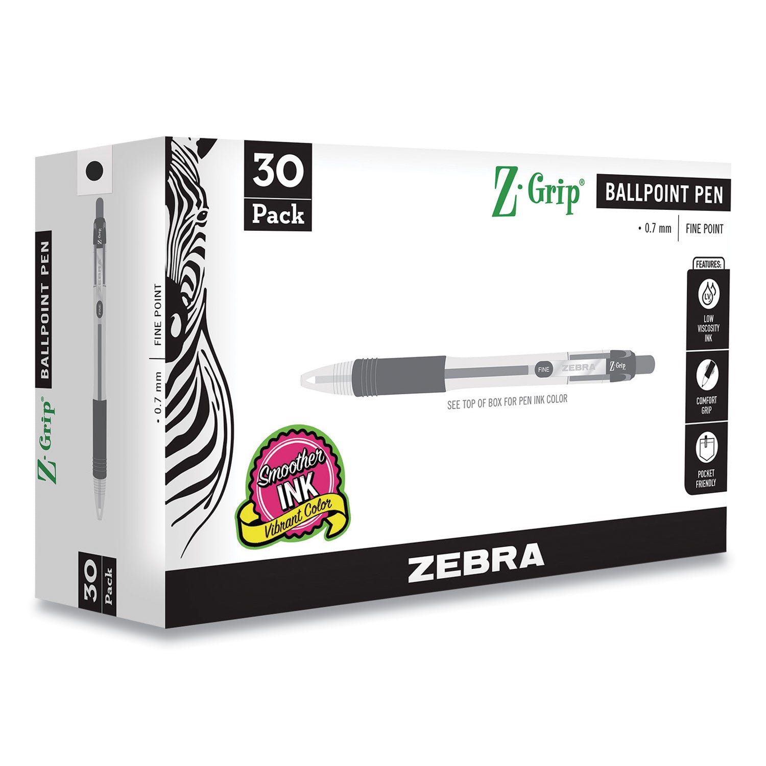 Zebra Z-Grip Ballpoint Pen, Retractable, Medium 0.7 mm, Black Ink, Clear/Black Barrel, 30/Pack (25130)