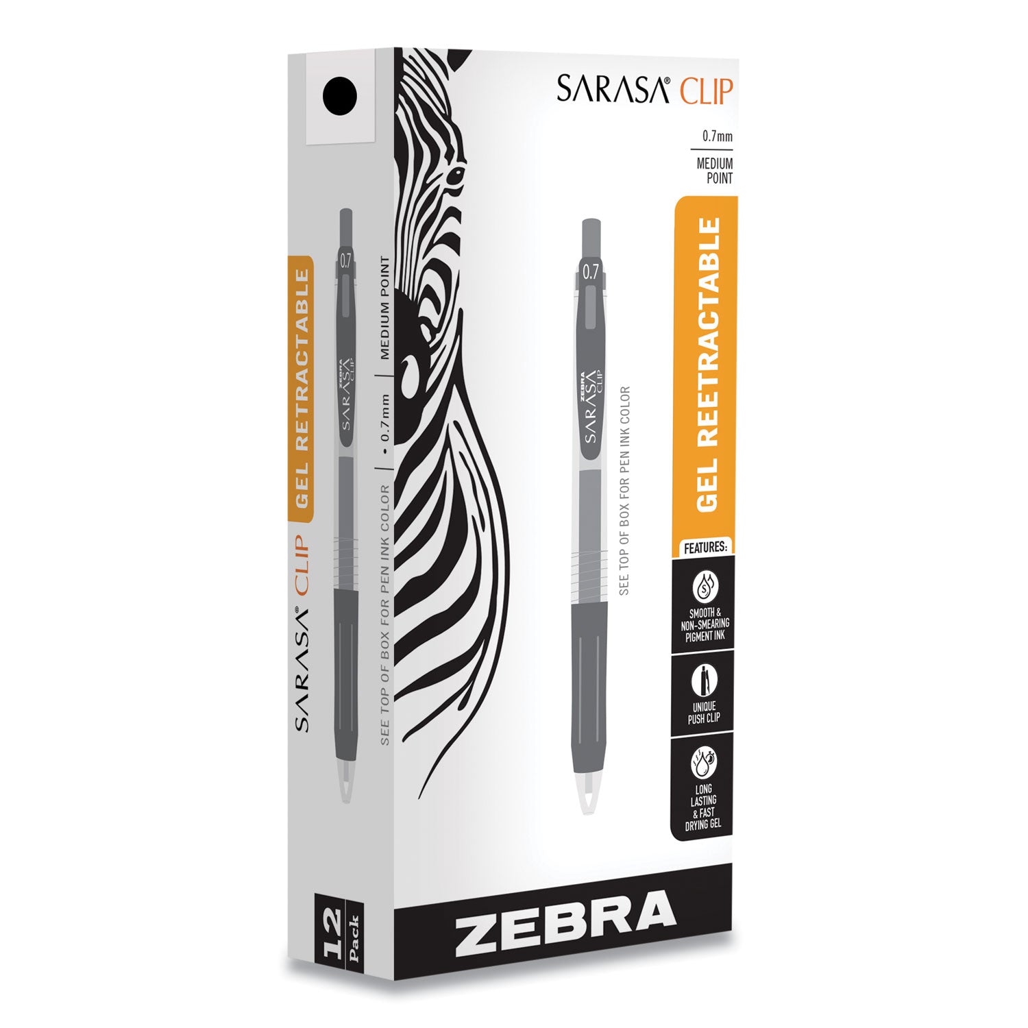 Zebra Sarasa Clip Gel Pen, Retractable, Medium 0.7 mm, Black Ink, Clear/Black Barrel, 12/Pack (48710)