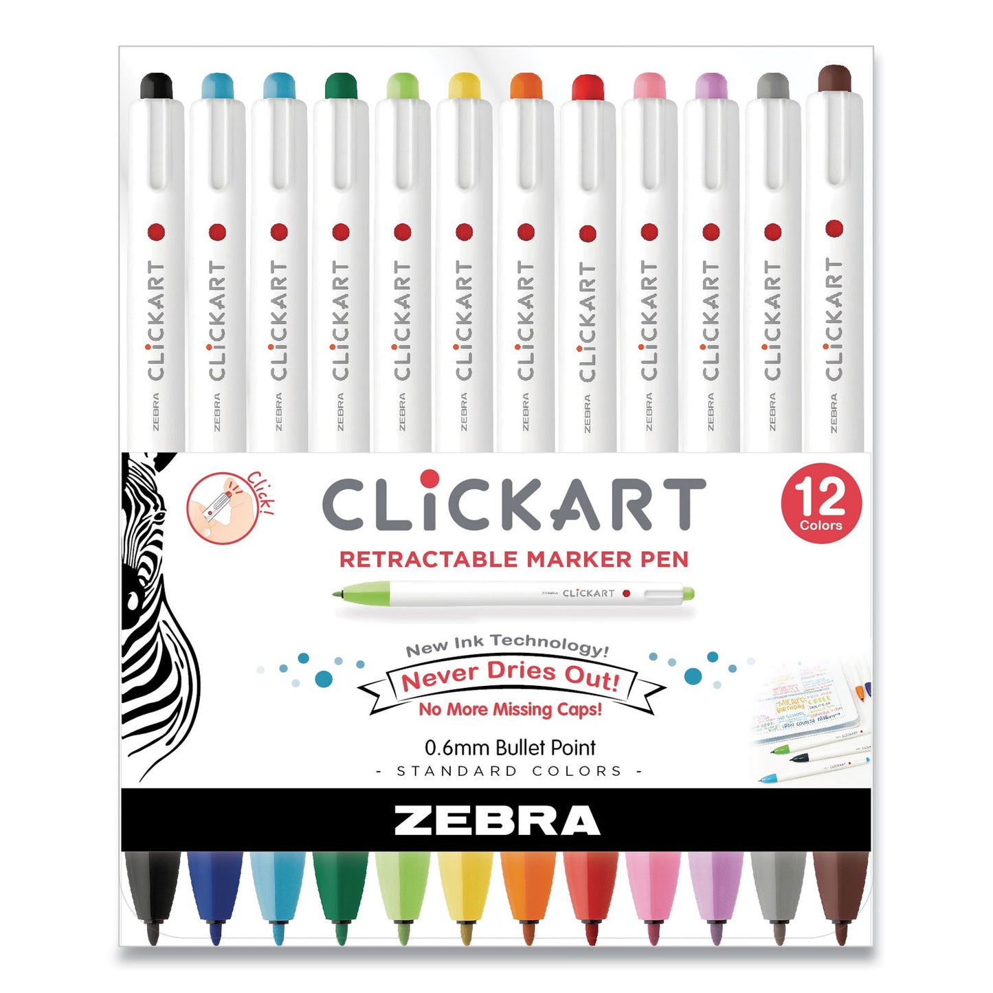 Zebra ClickArt Porous Point Pen, Retractable, Fine 0.6 mm, Assorted Ink and Barrel Colors, 12/Pack (69012)