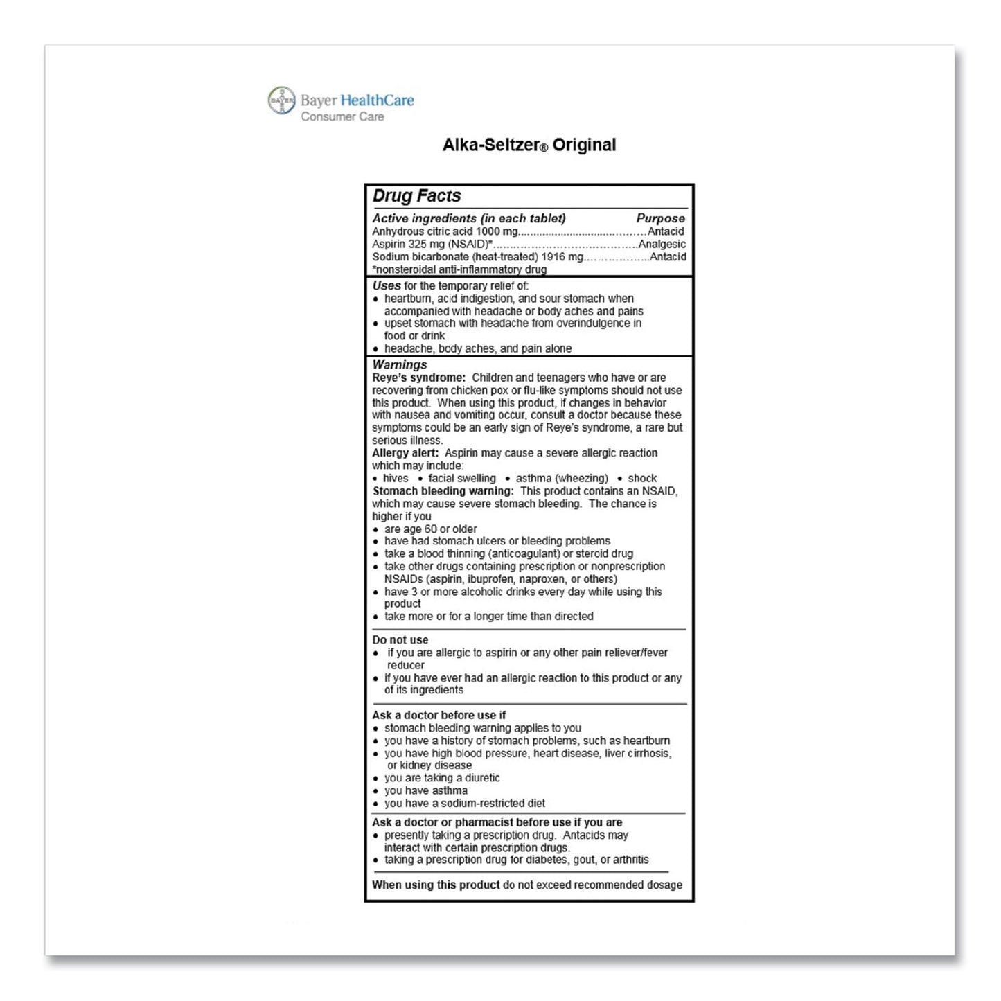 Alka-Seltzer Original Stomach Relief and Pain Relief Medicine, 15/Box (51060)