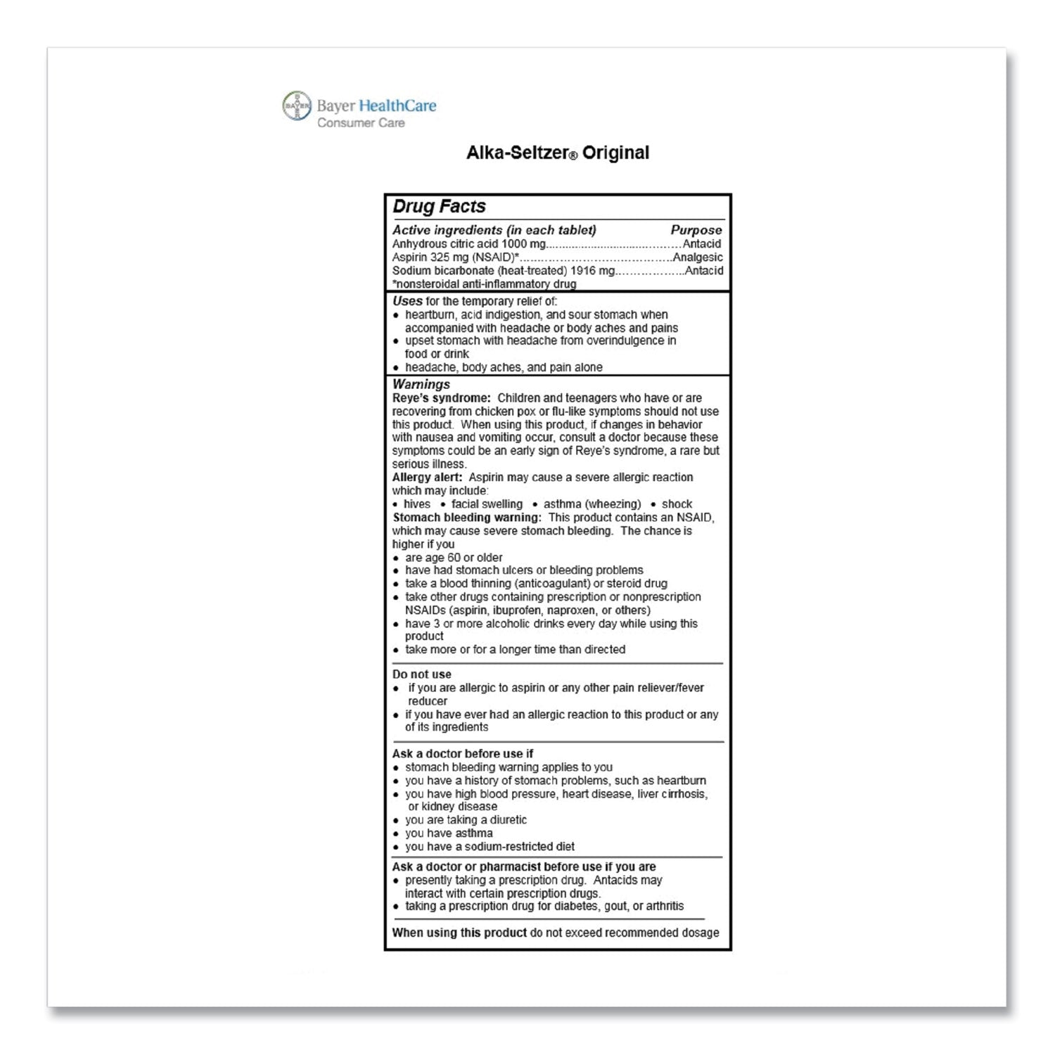 Alka-Seltzer Original Stomach Relief and Pain Relief Medicine, 15/Box (51060)