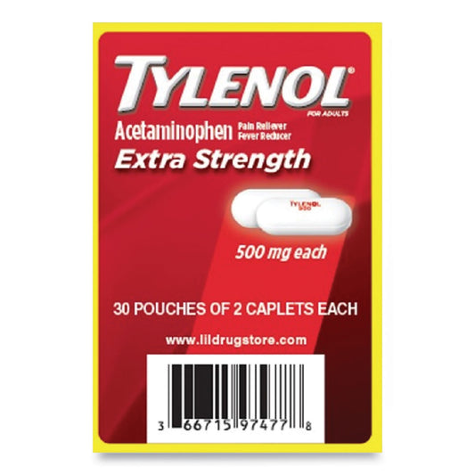 Tylenol Acetaminophen, 500mg, Extra Strength Caplets, Refill, 2 /Packet, 30 Packets/Box (97477)