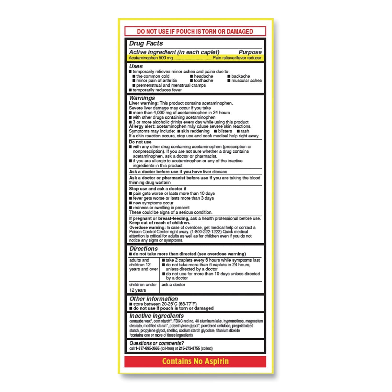 Tylenol Acetaminophen, 500mg, Extra Strength Caplets, Refill, 2 /Packet, 30 Packets/Box (97477)