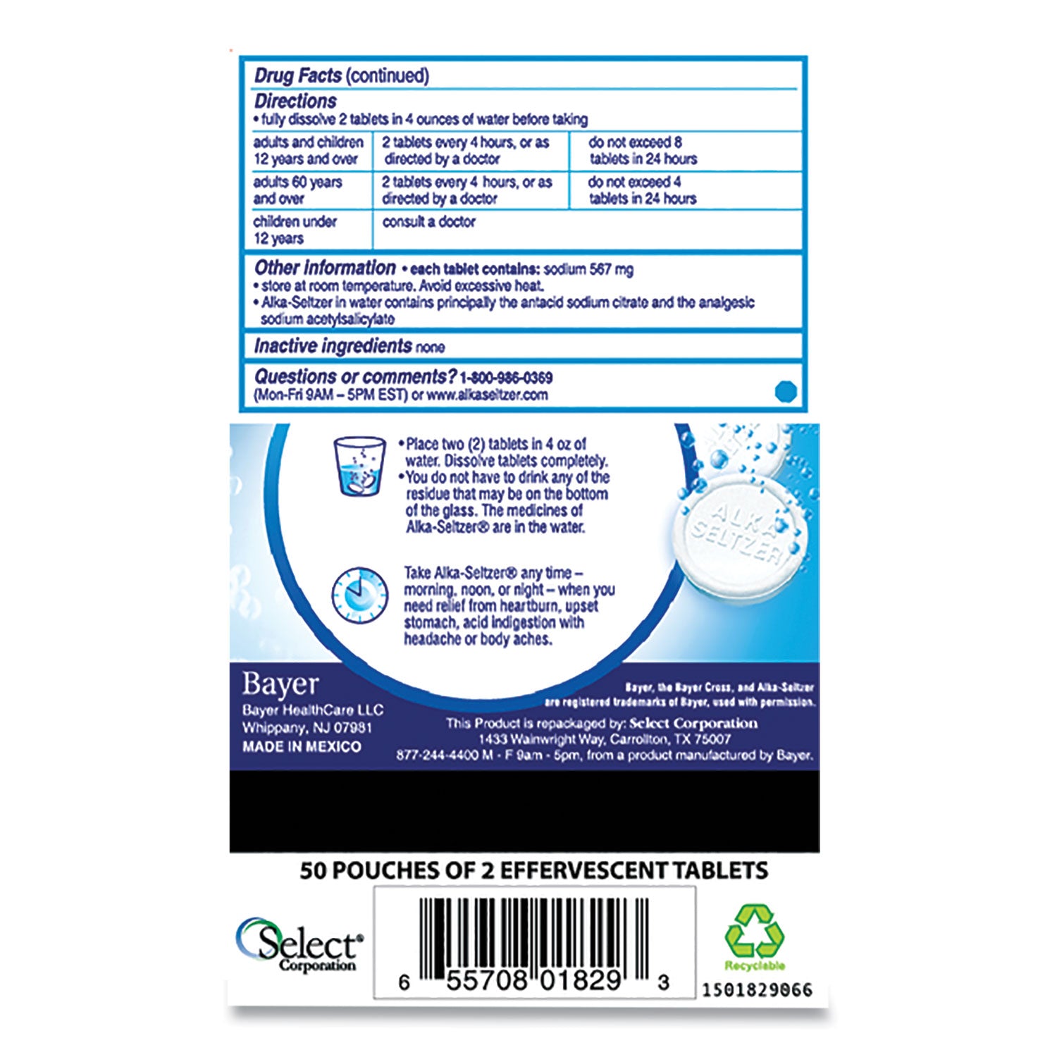 Alka-Seltzer Antacid and Pain Relief Medicine, Two-Pack, 50 Packs/Box (BXAS50)