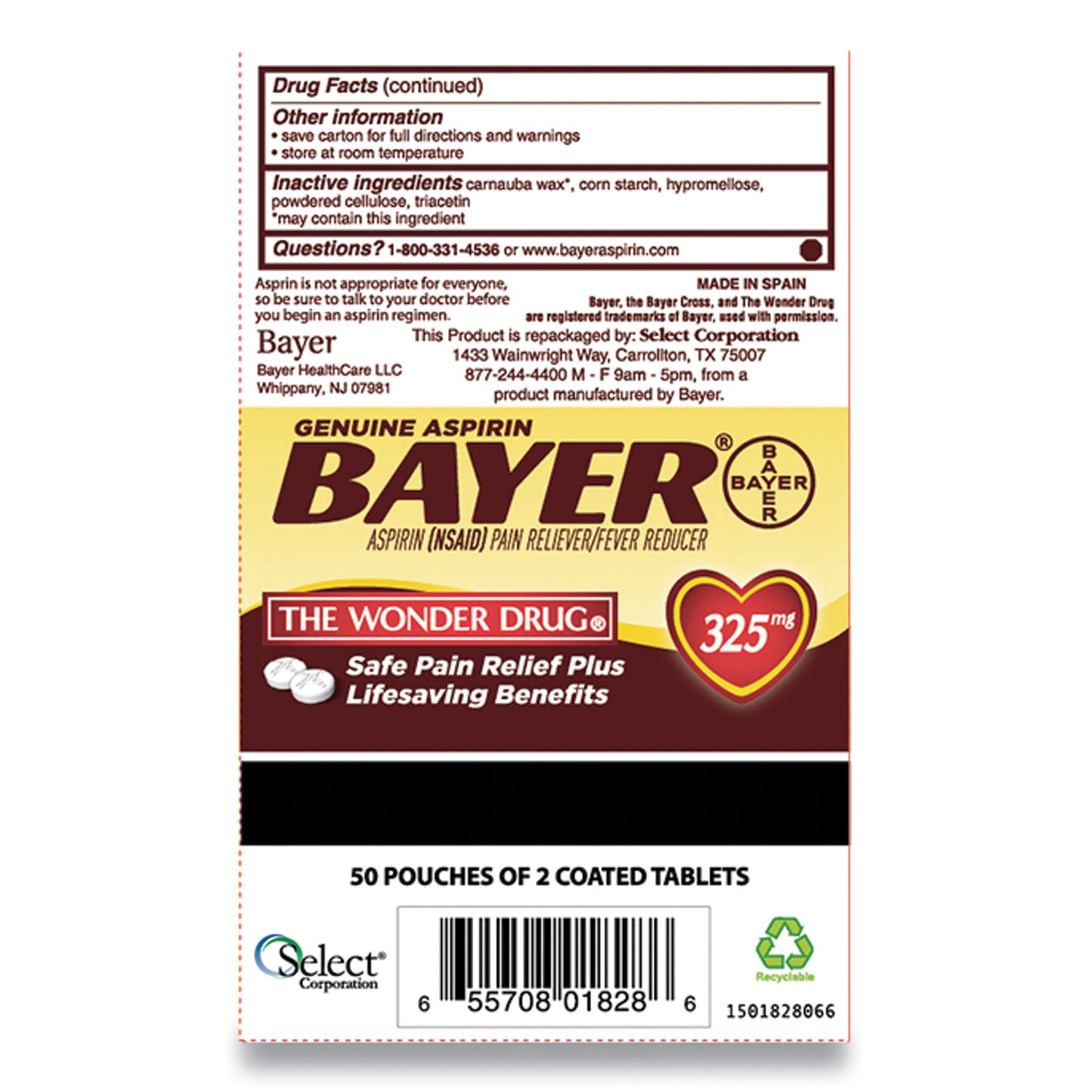 Bayer Aspirin Tablets, Two-Pack, 50 Packs/Box (BXBG50)