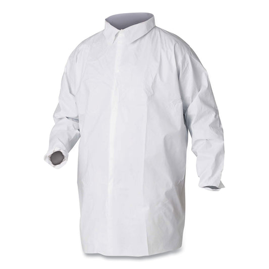 KleenGuard A20 Breathable Particle Protection Lab Coat, Hook and Loop Closure/Elastic Wrists/No Pockets, Large, White, 30/Carton (35620)