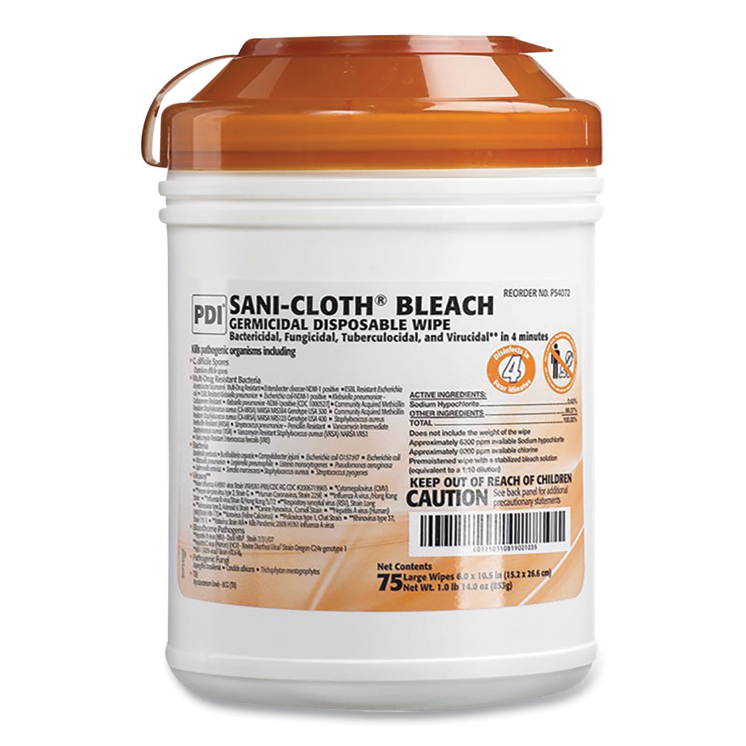 Sani-Cloth Bleach Germicidal Disposable Wipes, Deep-Well Lid Canister, 10.5 x 6, 75/Canister (P54072PK)