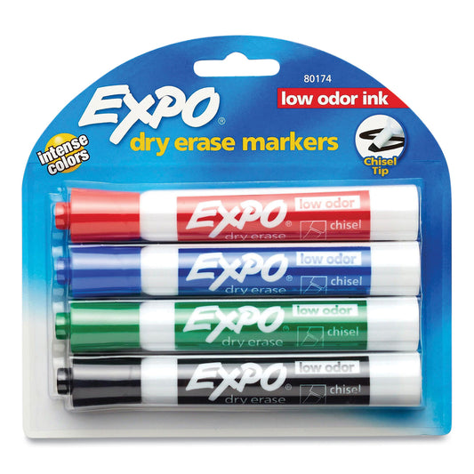 EXPO Low-Odor Dry-Erase Marker, Peggable Card, Broad Chisel Tip, Assorted Colors, 4/Pack (80174PK)