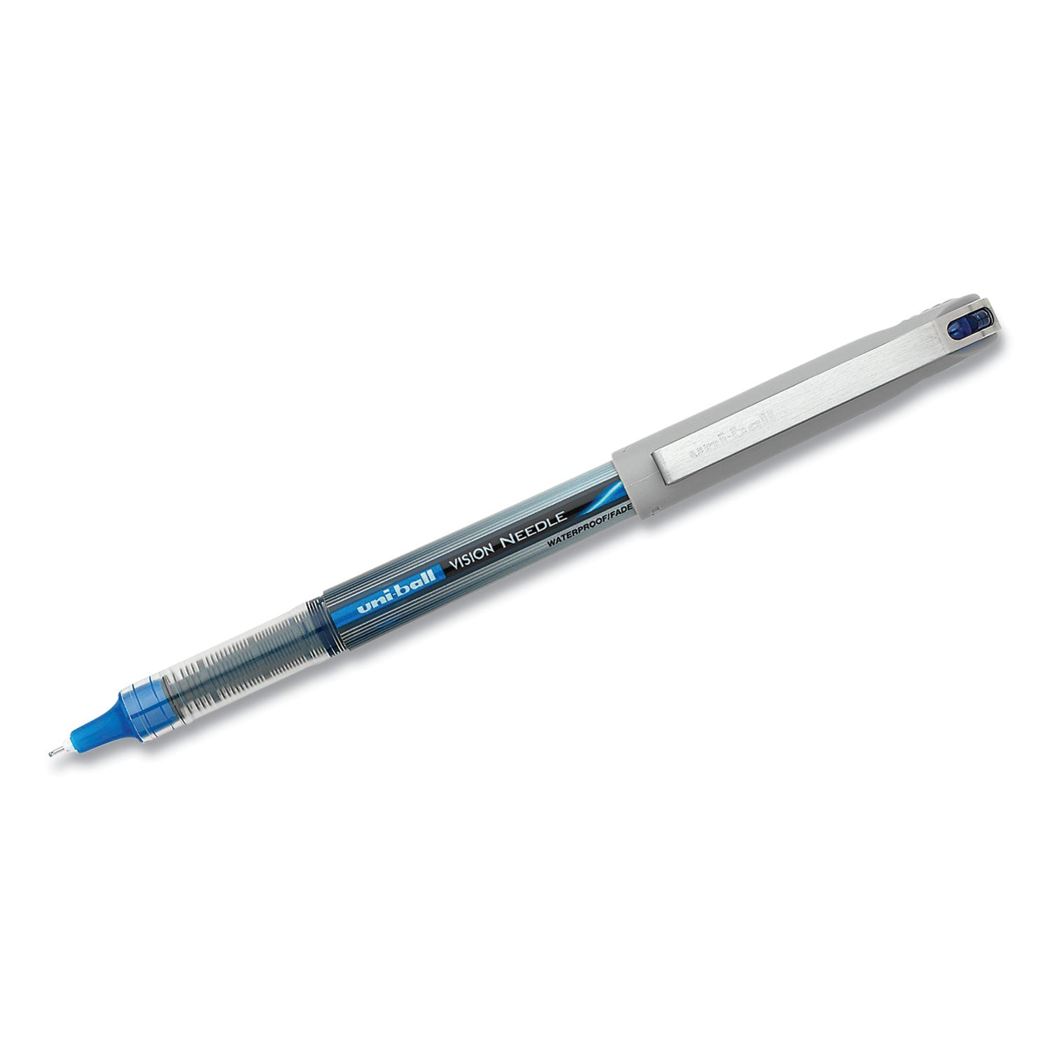uni-ball VISION Roller Ball Pen, Stick, Extra-Fine 0.5 mm, Blue Ink, Black/Blue/Clear Barrel, 12/Pack (1734919)