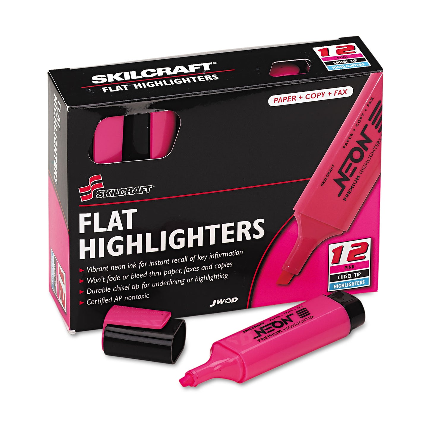 AbilityOne 7520013519146, SKILCRAFT Flat Fluorescent Highlighter, Fluorescent Pink Ink, Chisel Tip, Pink Barrel, Dozen