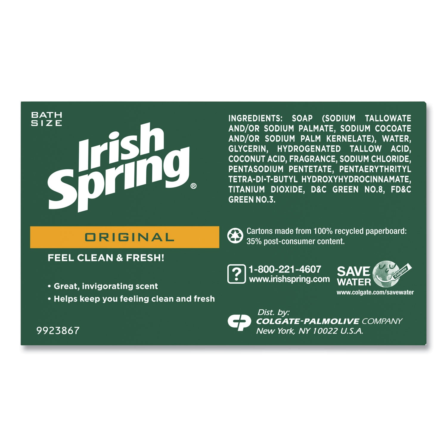 Irish Spring Bar Soap, Clean Fresh Scent, 3.75 oz, 3 Bars/Pack, 18 Packs/Carton (14177)