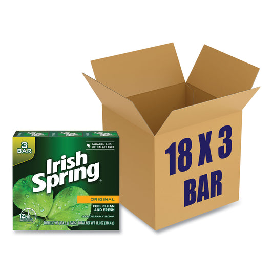 Irish Spring Bar Soap, Clean Fresh Scent, 3.75 oz, 3 Bars/Pack, 18 Packs/Carton (14177)