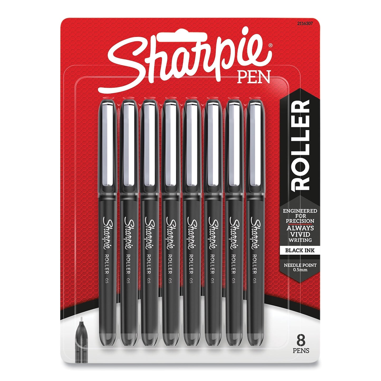 Sharpie Professional Design Roller Ball Pen, Stick, Fine 0.5 mm, Black Ink, Black Barrel, 8/Pack (2116307)