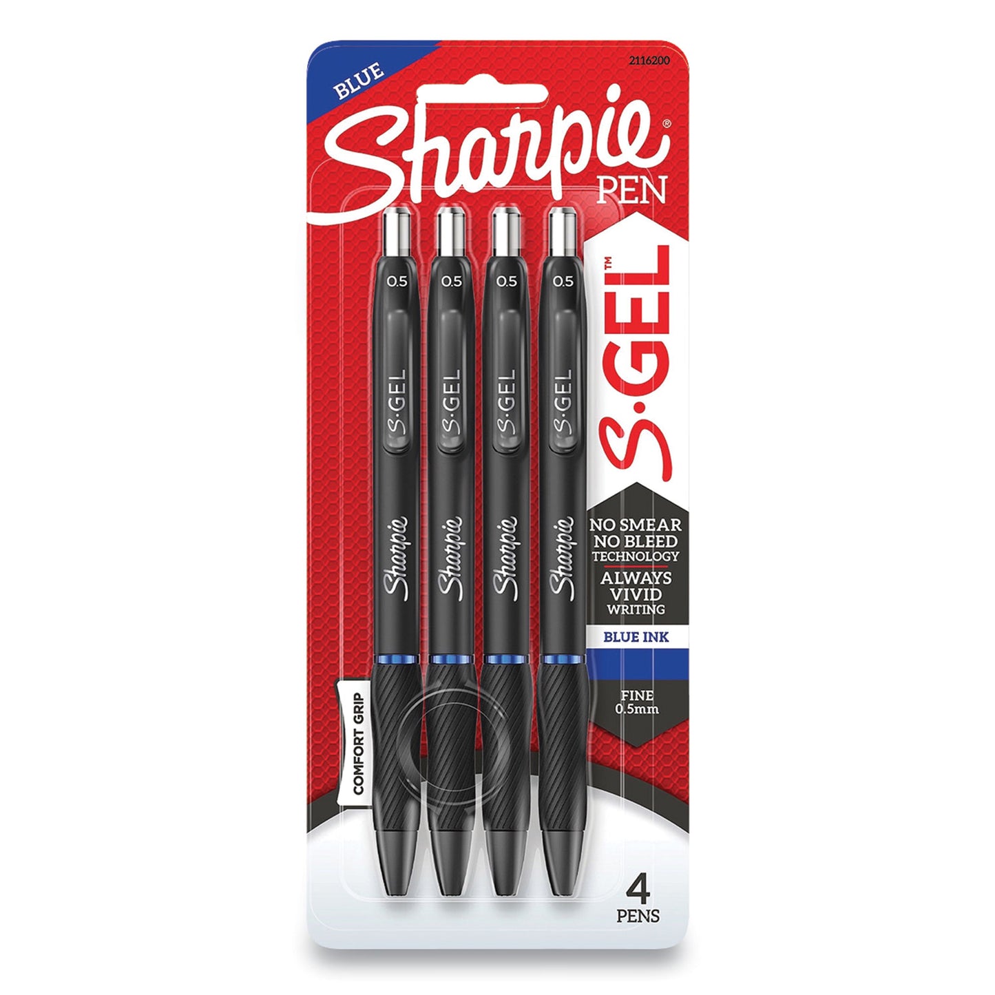 Sharpie S-Gel High-Performance Gel Pen, Retractable, Fine 0.5 mm, Blue Ink, Black Barrel, 4/Pack (2116200)