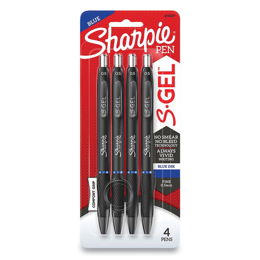 Sharpie S-Gel High-Performance Gel Pen, Retractable, Fine 0.5 mm, Blue Ink, Black Barrel, 4/Pack (2116200)