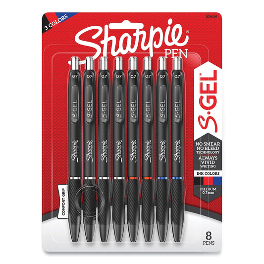 Sharpie S-Gel High-Performance Gel Pen, Retractable, Medium 0.7 mm, Three Assorted Ink Colors, Black Barrel, 8/Pack (2096148)