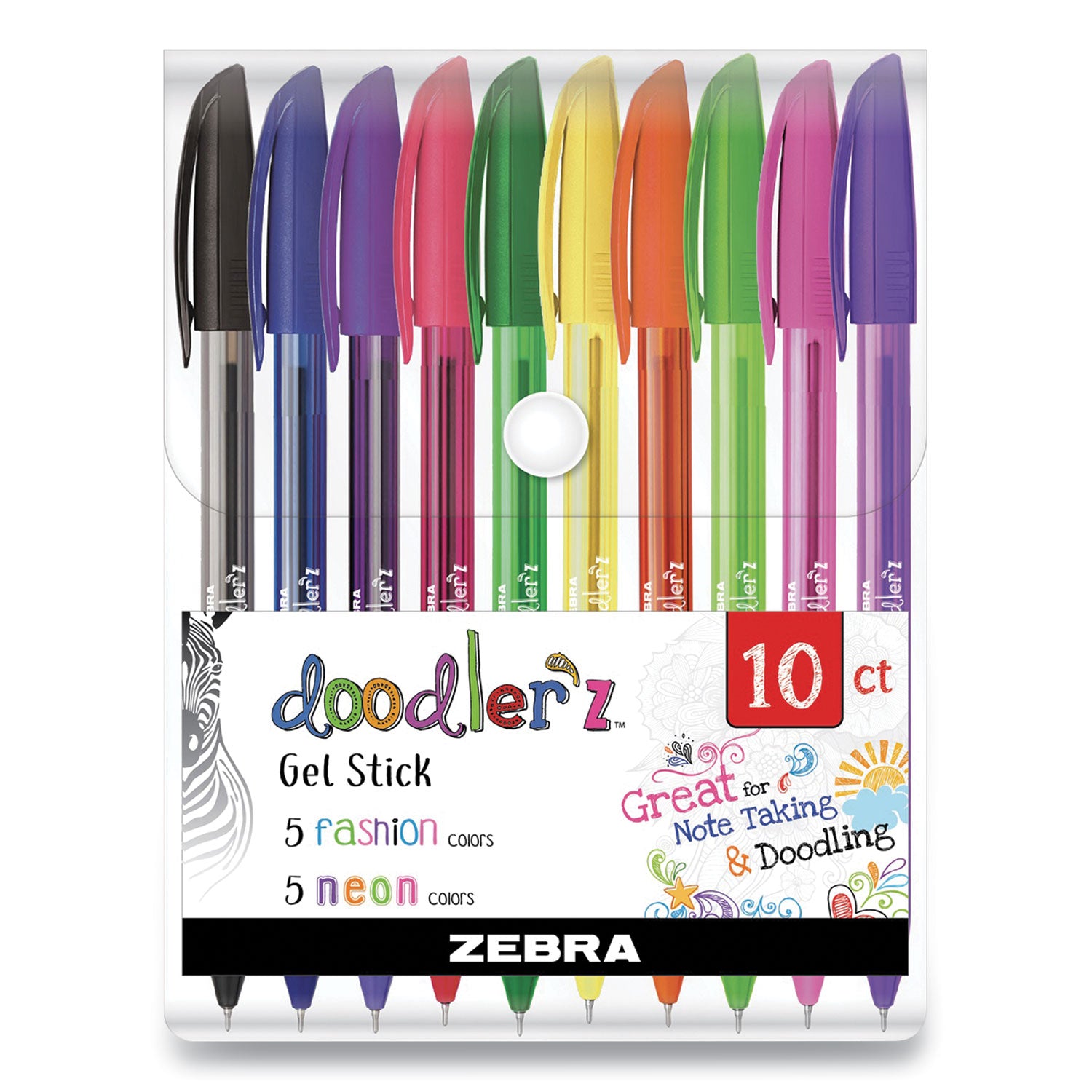 Zebra Doodler'z Gel Pen, Stick, Bold 1 mm, Assorted Fashion/Neon Ink and Barrel Colors, 10/Pack (41810)